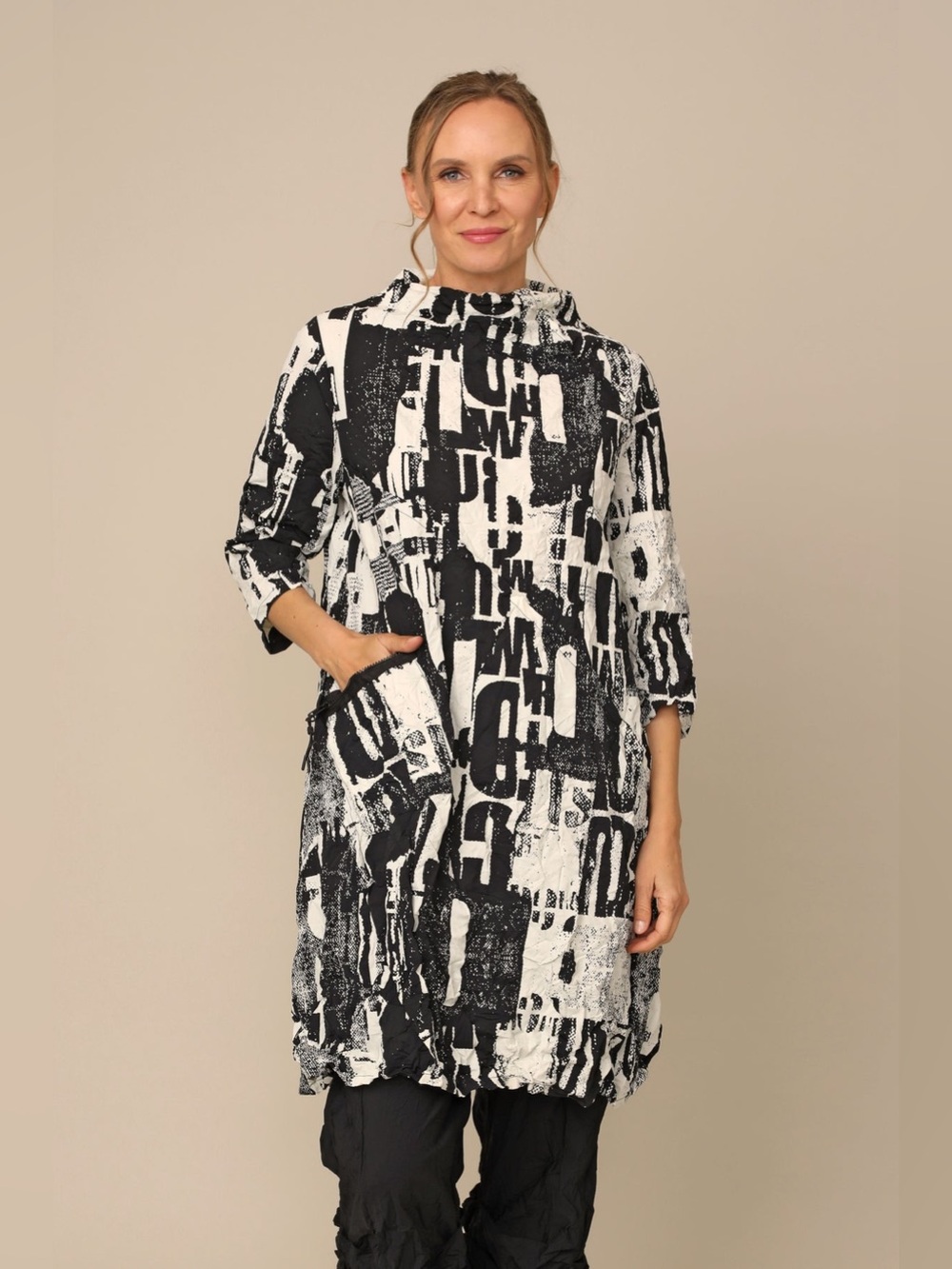 Chalet Et Ceci Tori Dress Typo Print Black and White Crinkle Parachute Lagenlook